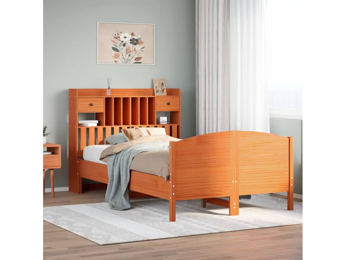 Vidaxl Cama Com Estante Sem Colchão 135x190 Cm Pinho Maciço