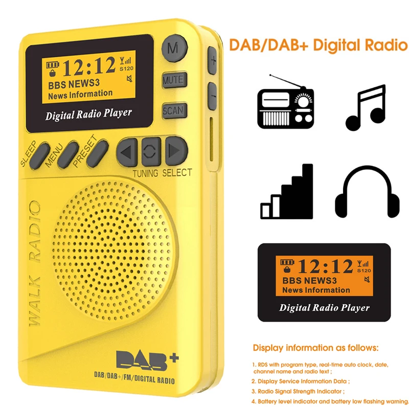 Mini Rádio Digital DAB/FM/MP3 de Bolso com Tela LCD, Temporizador MDUG