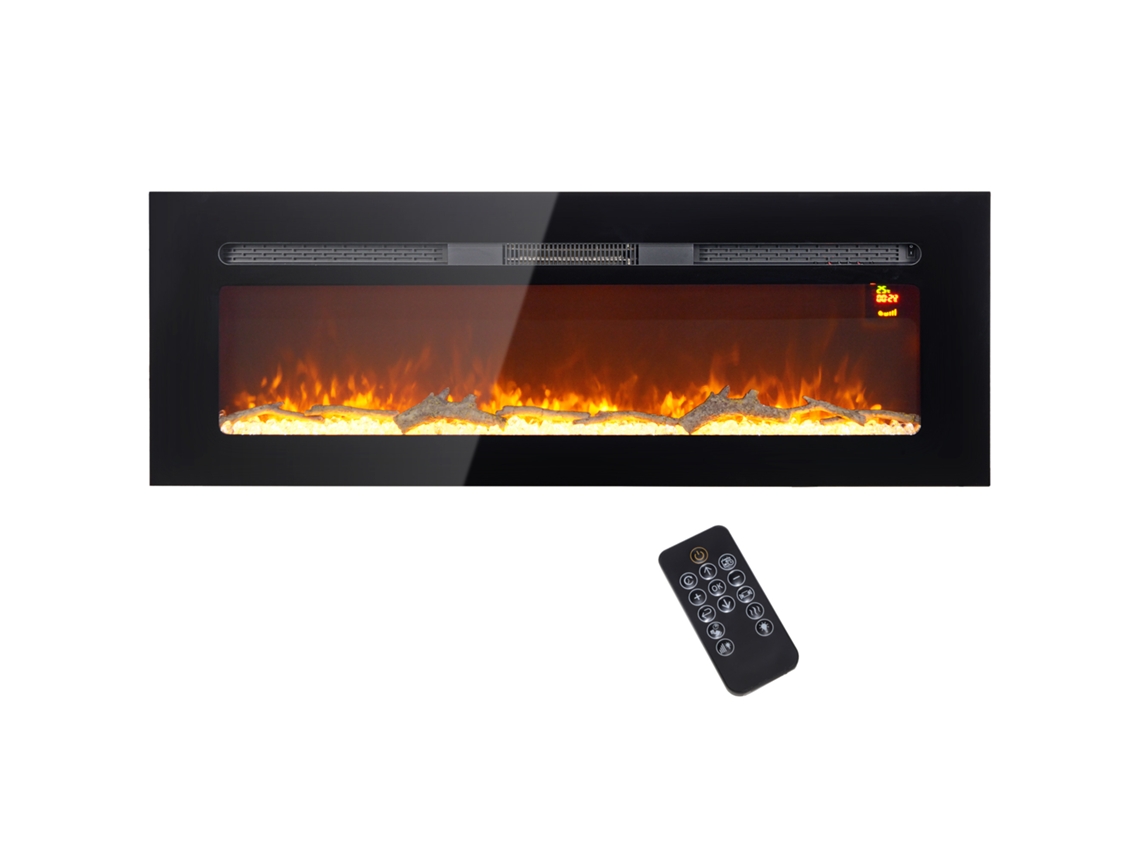 Lareira Elétrica 1800w, Controle Remoto, Troncos Artificiais, Cristais, Suporte de Parede, Preto | S/MARCA
