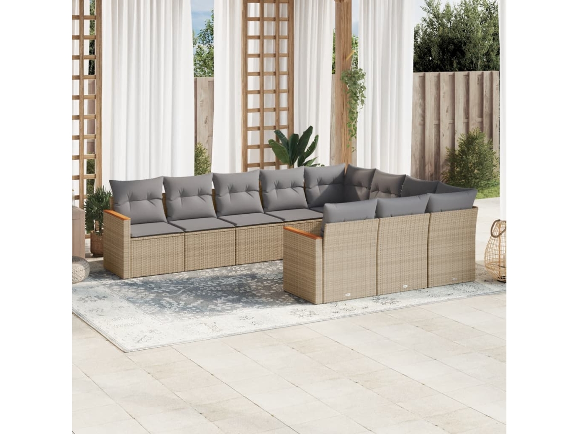 Vidaxl 10 Pcs Conjunto de Sofás P/ Jardim com Almofadões Vime Pe Bege
