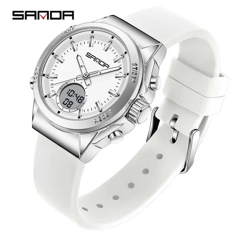 Relógio Eletrônico Feminino Elegante e Casual com Despertador, Luminescente, À Prova D'água, Visor Duplo e Funções Multifuncionais. MDUG