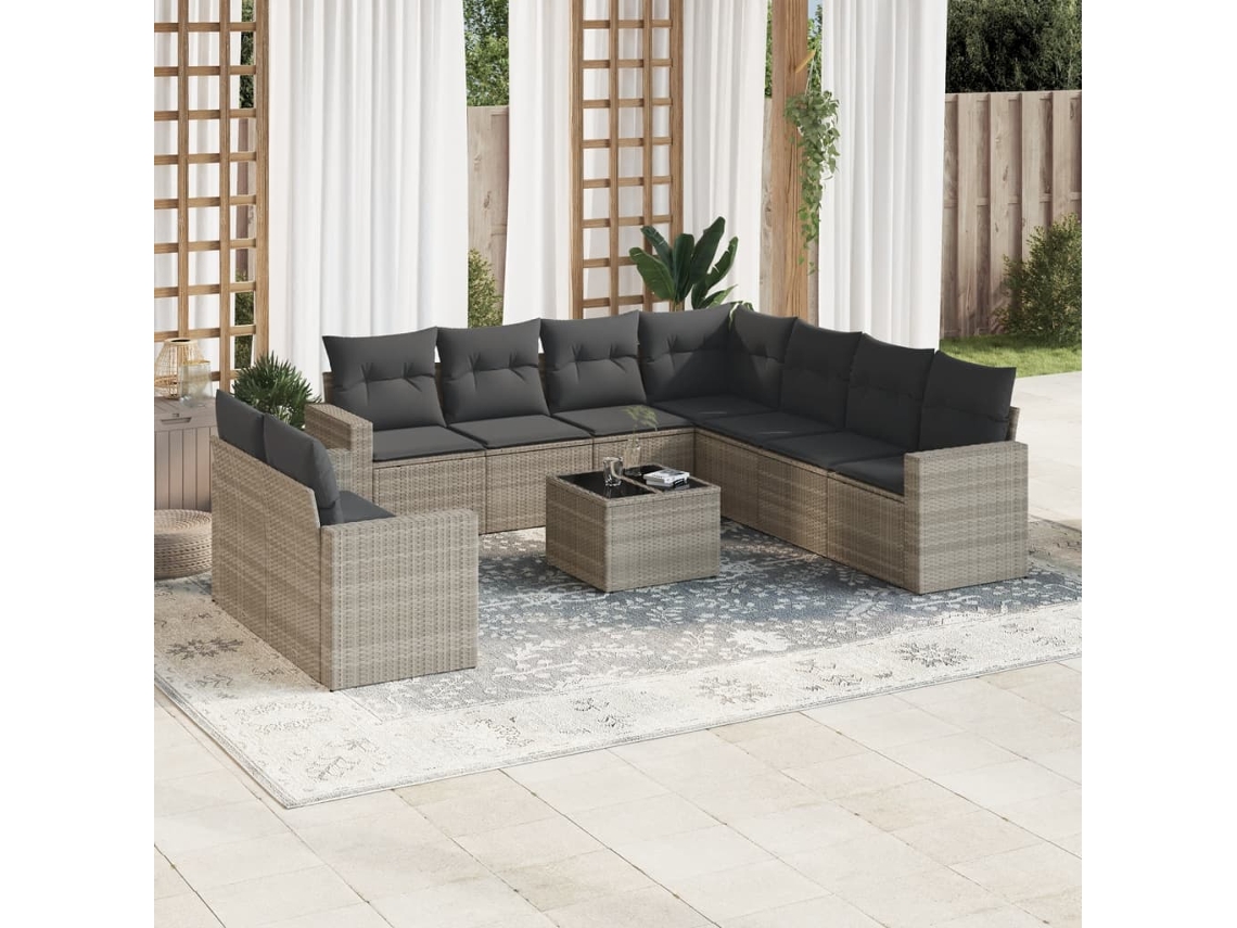 Vidaxl 10 Pcs Conj. Sofás Jardim Com Almofadões Vime Pe Cinzento-claro