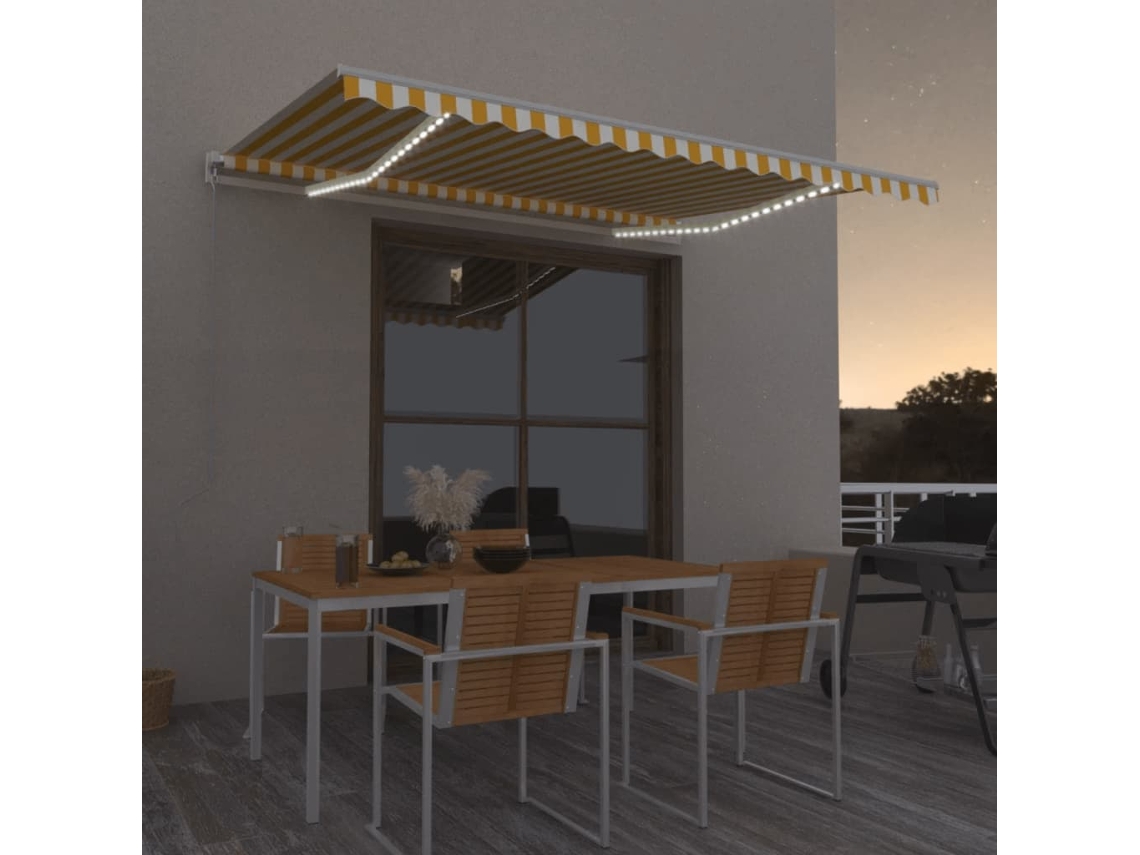 Vidaxl Toldo Retrátil Manual Com Led 450x350 Cm Amarelo E Branco