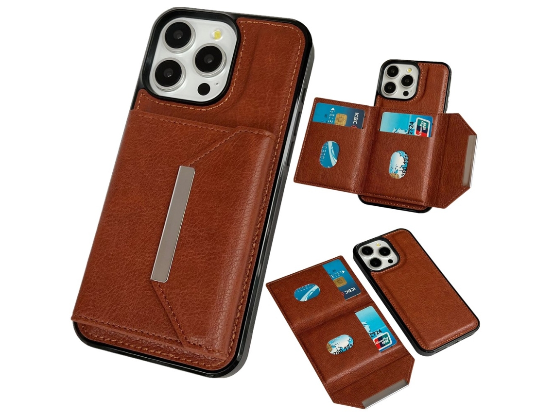 Suporte Casa Para Iphone 15 Pro Pele Sintética Com Porta-cartões Castanho