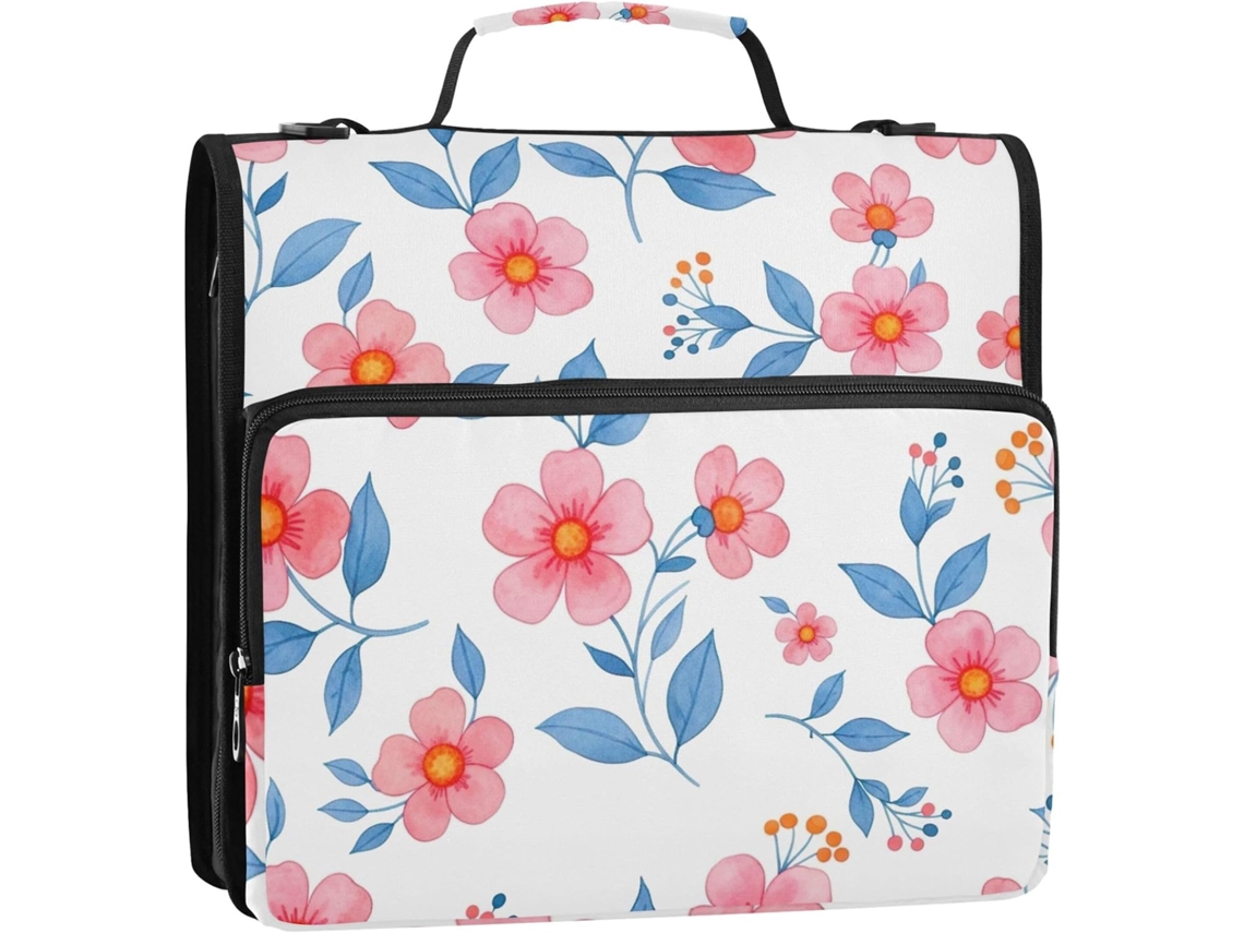 Pastas Organizadoras com Estampa Floral Coral Branco, 3 Argolas e Alça, Mochila Escolar Resistente, Capacidade para 500 Folhas