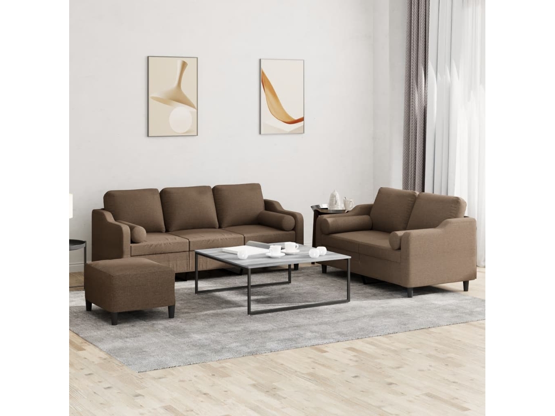 Vidaxl 3 Pcs Conjunto De Sofás Com Almofadas Tecido Castanho
