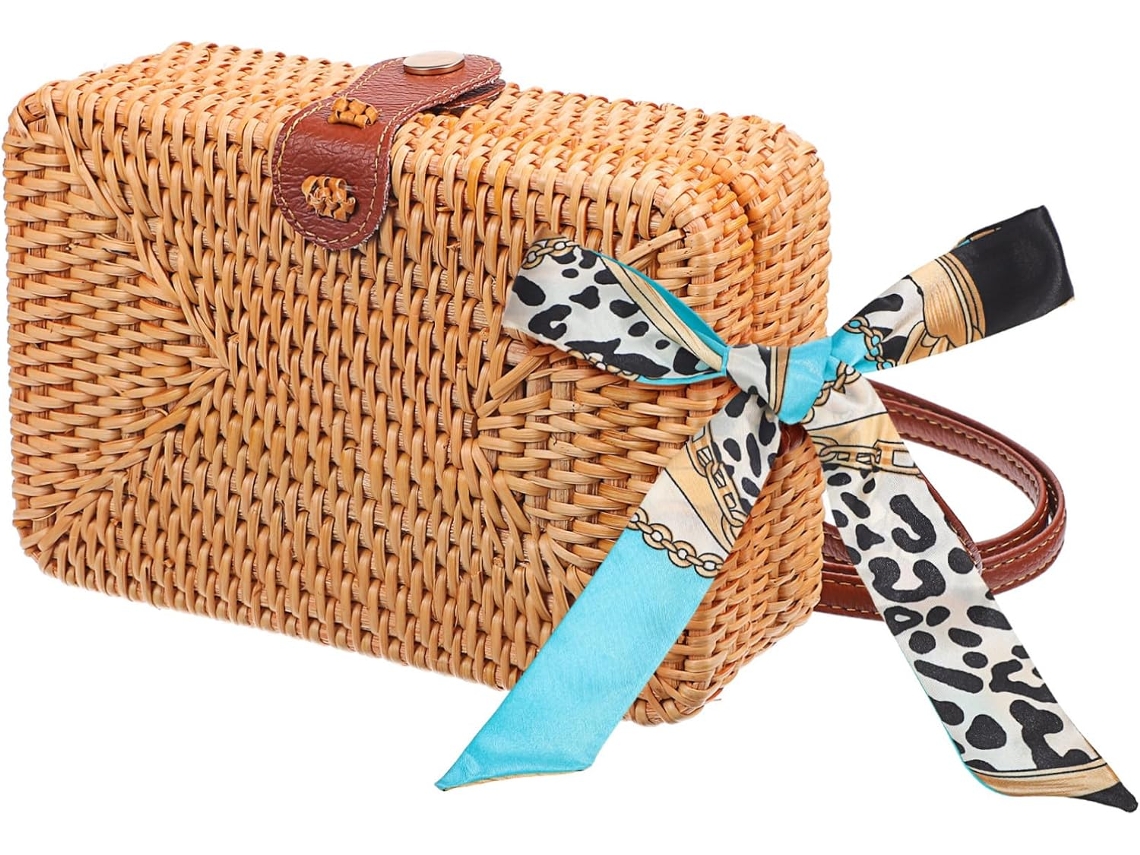 Bolsa De Ombro Em Palha Trançada Natural, Estilo Boêmio Com Lenço Decorativo, Leve E