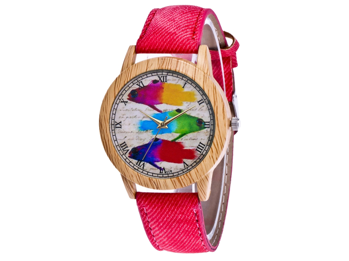 Reloj De Pareja Zhoulianfa Com Esfera De Peixes Coloridos E Pulseira De Dênim Vermelha