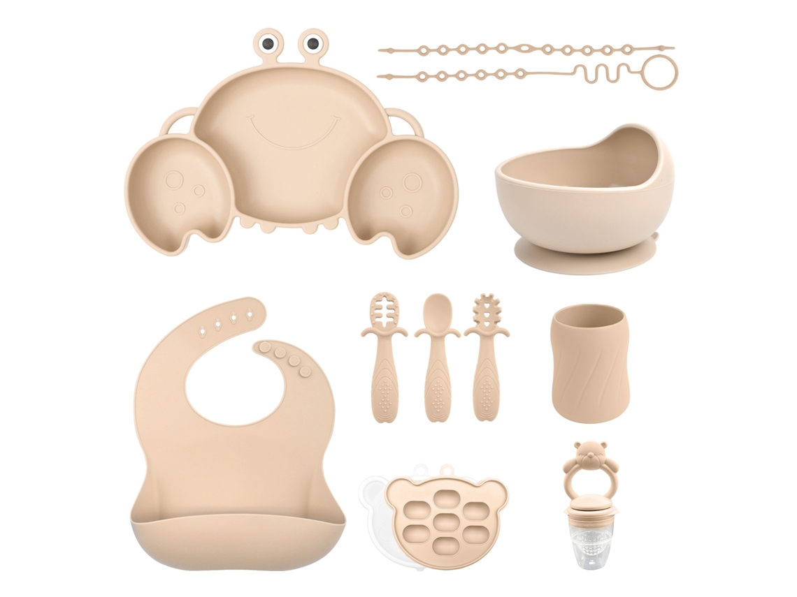 Conjunto de Talheres Bebé CHRUI 6+ Meses Prato Caranguejo + Copo Babador 11 Peças (bege)