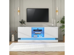 Suporte de TV moderno com LEDs coloridos para TVs de 70 polegadas, 2 portas, 3 prateleiras, estilo branco