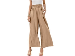 Calça feminina Rebe de cintura alta, estilo boho, pernas largas e modelagem fluida, tamanho P, cor cáqui.