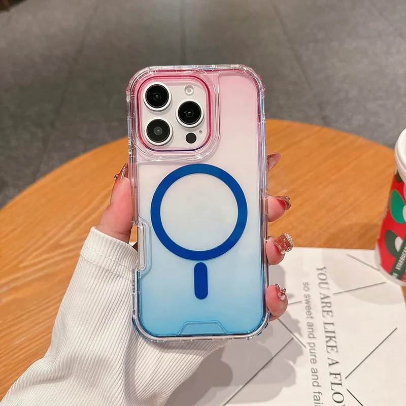 (rosa E Azul, Iphone 13 Pro) Capa Protetora 3 Em 1 Com Efeito Degradê, Compatível Com Carregamento Sem Fio Magsafe E À Prova De Choque.