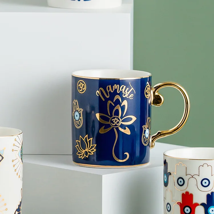 Caneca de Café de Cerâmica com Olho Grego Nórdico , Caneca de Luxo para Escritório com Borda Dourada. MDUG (estilo H 300ml)