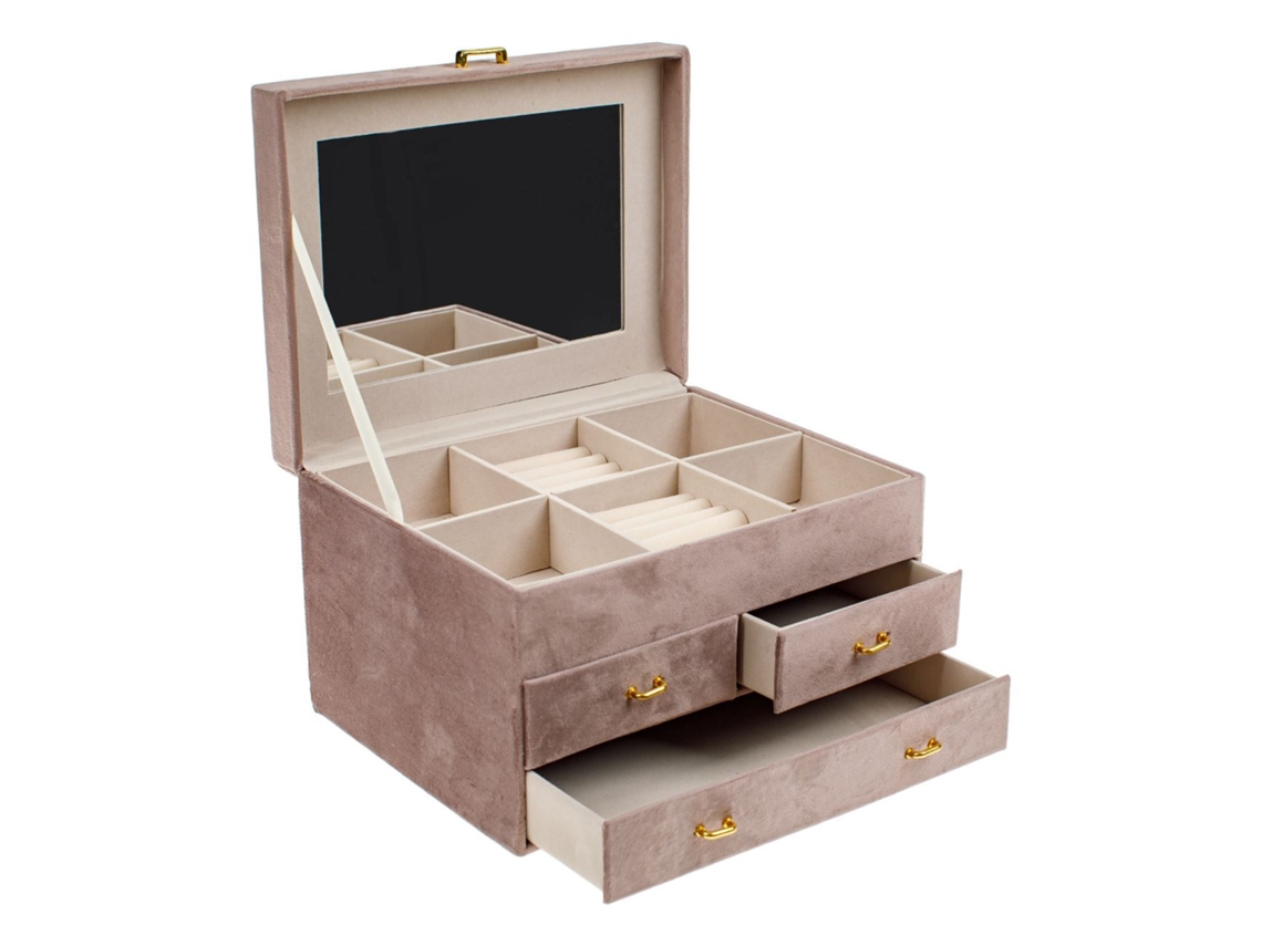 Caixa de Jóias de Carpete Rosa com 3 Gavetas 25 X 19 X 16 Cm AOZORZ