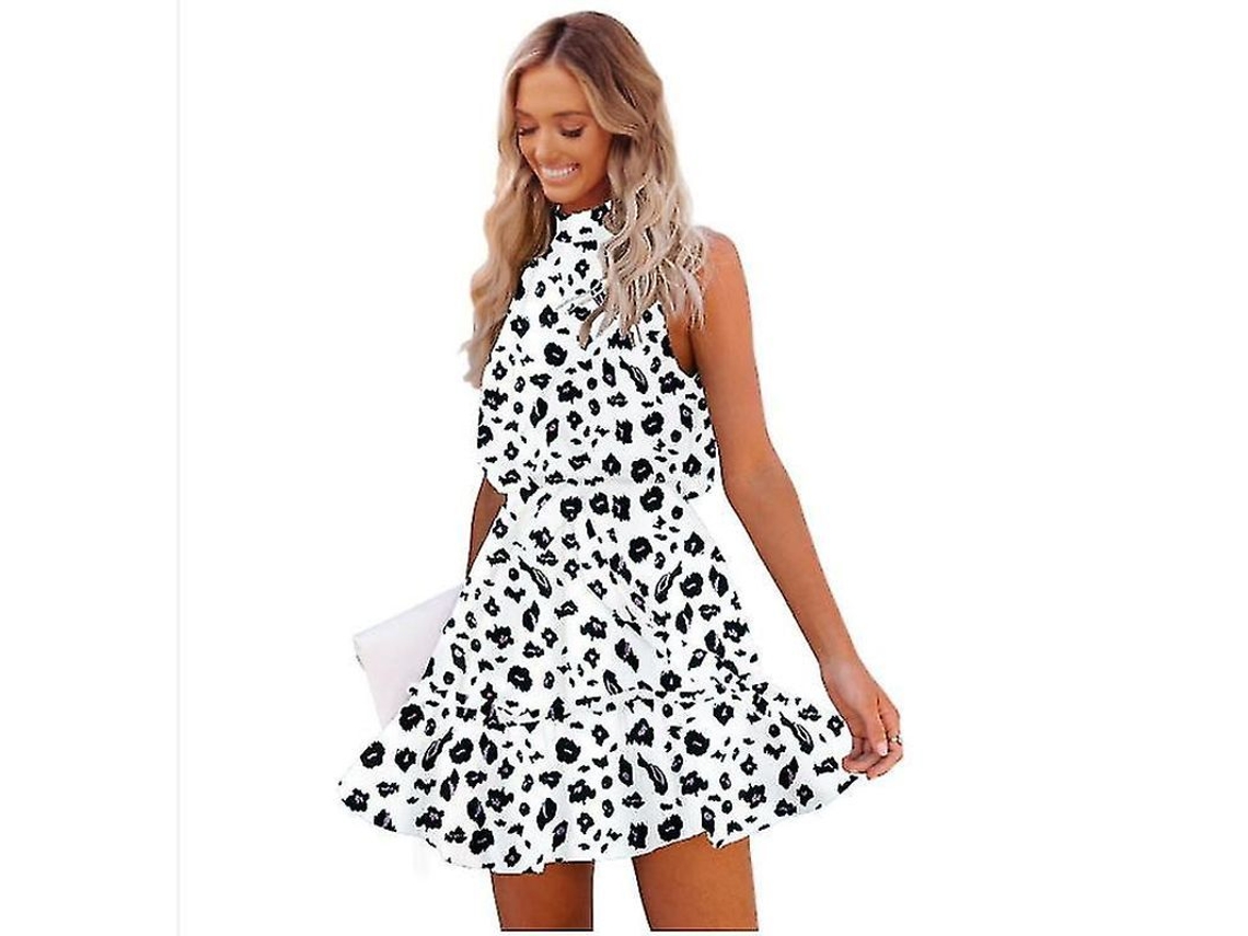 Vestido Halter Feminino Estampado Floral Com Cinto Elástico, Decote Alto E Costas Abertas, Ideal Para Verão E Praia Branco