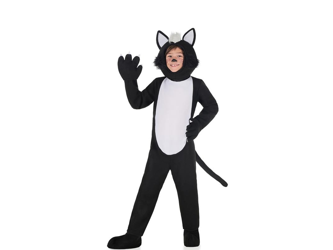Fato de gato peludo preto e branco para criança