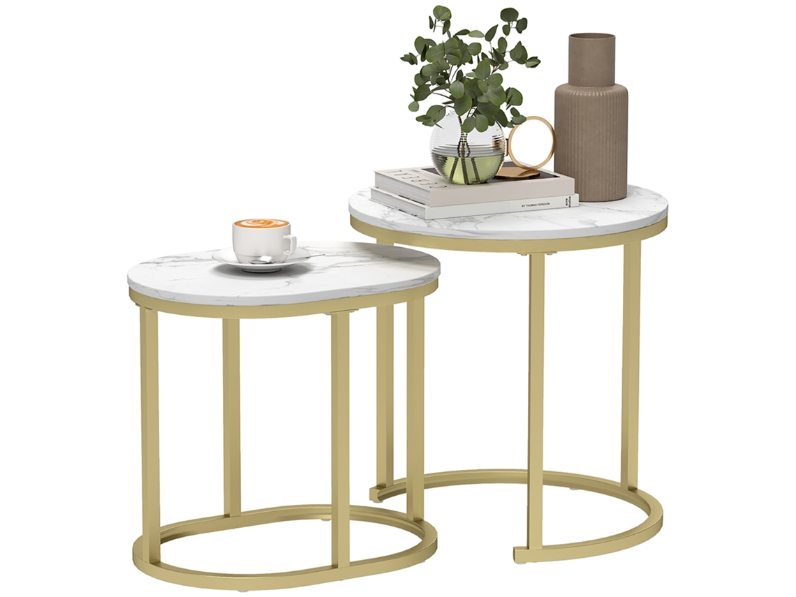 Conjunto De 2 Mesas De Centro, Oval E Redonda, Empilháveis, Com Aparência De Mármore, Em Aço, Ø50 X 50,5 Cm, Brancas. Sini Tech Store