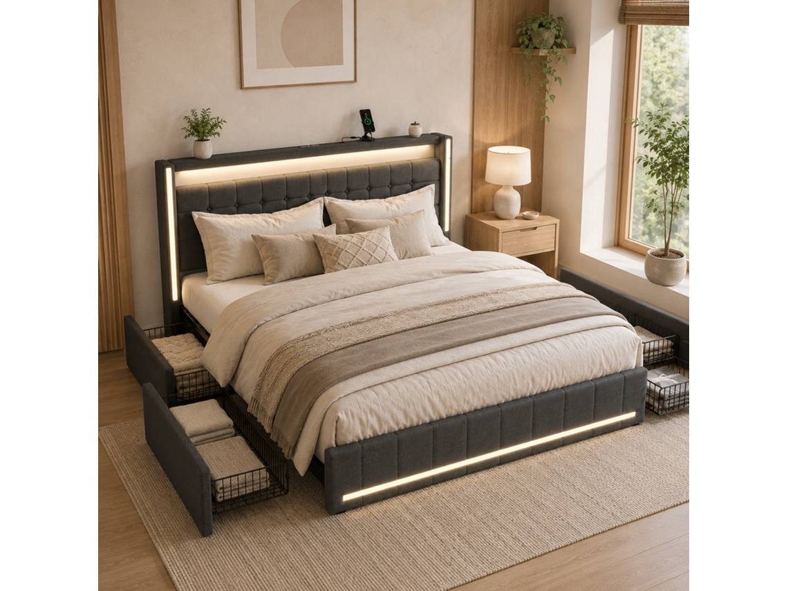Cama De Casal Estofada Com 4 Gavetas, 180x200 Cm, Com Led E Usb, Cama Para Adultos E Adolescentes, Estrado De Ripas, Linho Cinzento