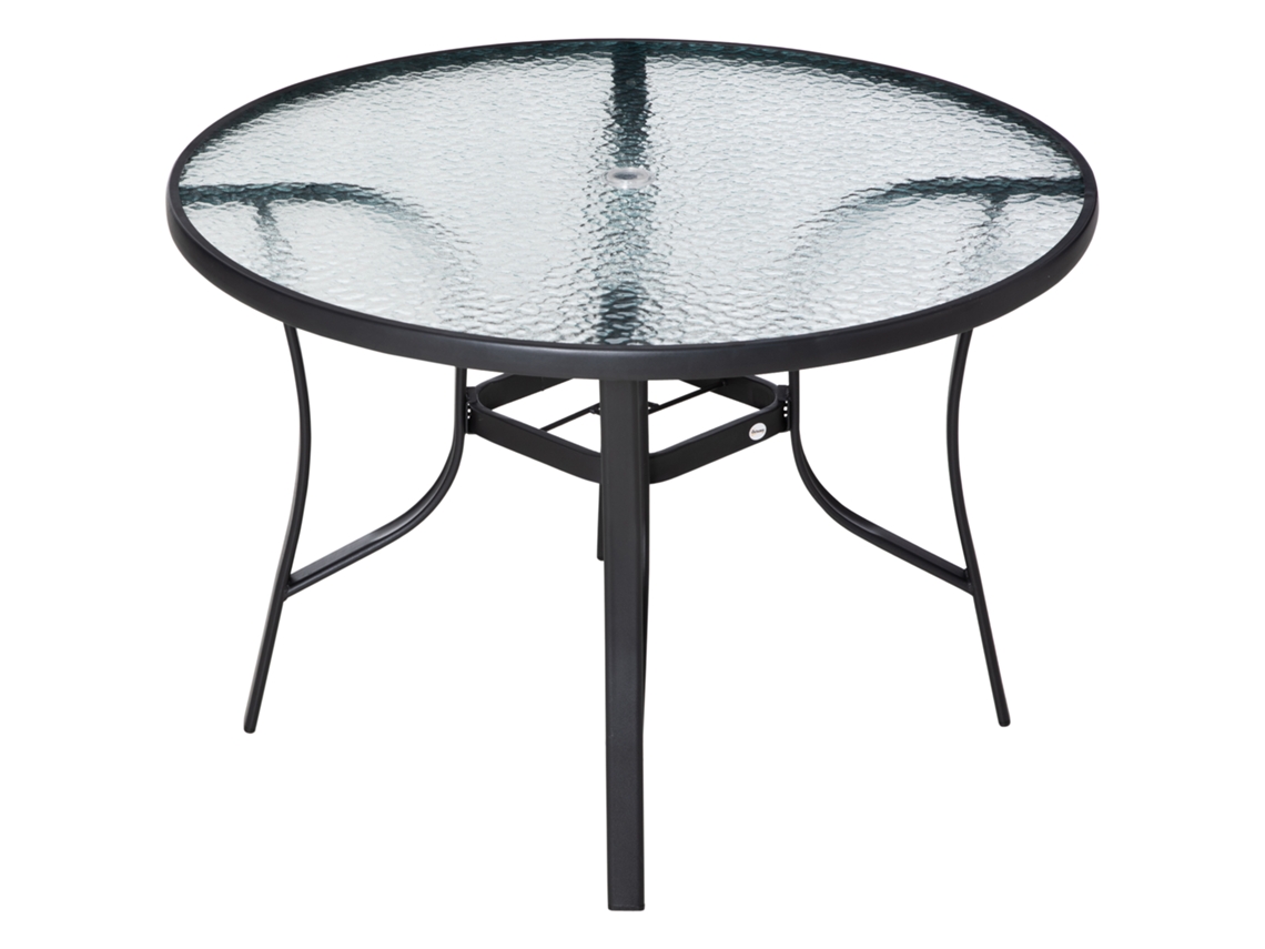 Mesa Redonda de Jardim BTFORUS em vidro com furo para guarda-sol, estrutura de aço, ø106,5x71cm, preta