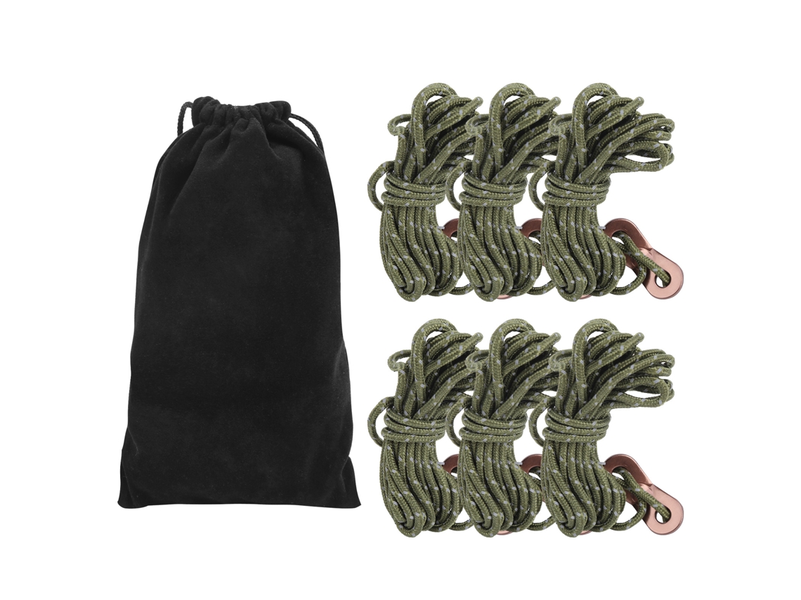 Conjunto de 6 Cordas Refletoras 4 M e 3 Mm para Barraca com Fivela Liga Alumínio, Camping Trilhas, Cor Verde Militar AQUAFORGE