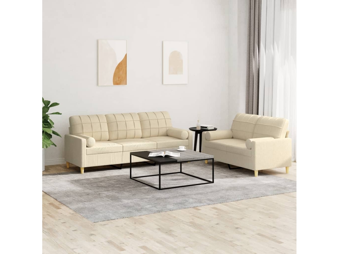 Vidaxl 2 Pcs Conjunto De Sofás Com Almofadas Tecido Cor Creme