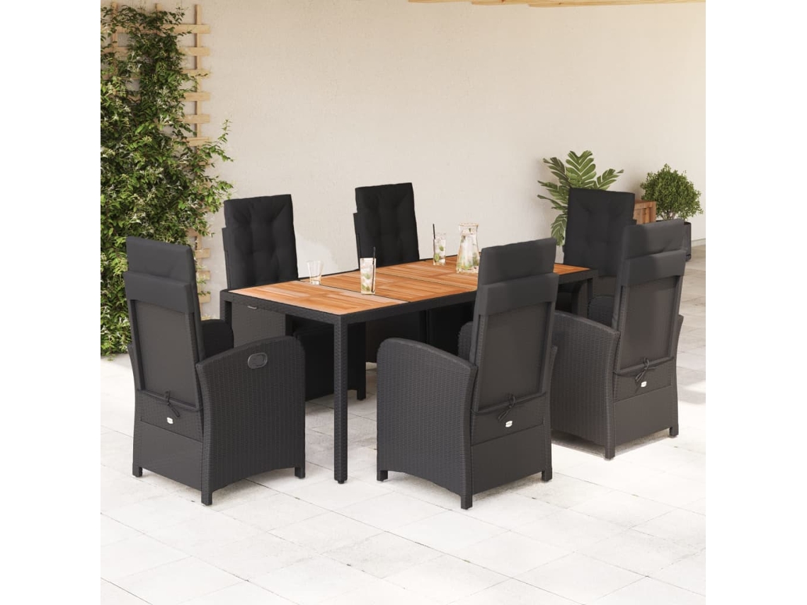 Vidaxl 7 Pcs Conjunto De Jantar P/ Jardim C/ Almofadões Vime Pe Preto