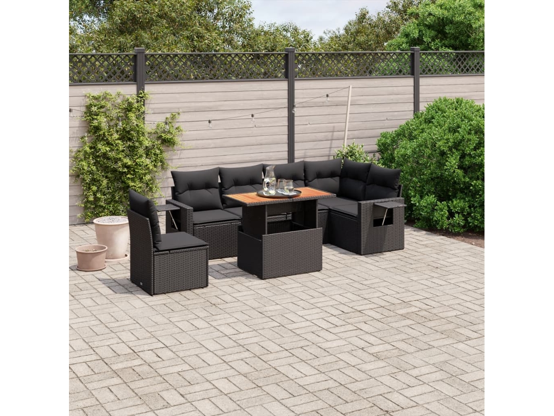 Vidaxl 7 Pcs Conjunto De Sofás P/ Jardim C/ Almofadões Vime Pe Preto
