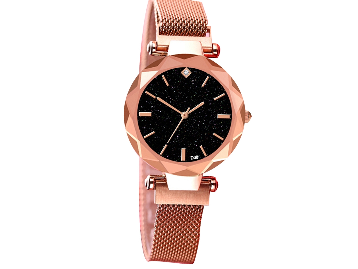 Relógio de pulso analógico de quartzo com pulseira de aço, mostrador redondo, estilo fashion (ouro rosa)