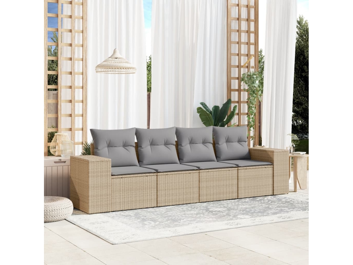Vidaxl 4 Pcs Conjunto De Sofás Para Jardim C/ Almofadões Vime Pe Bege