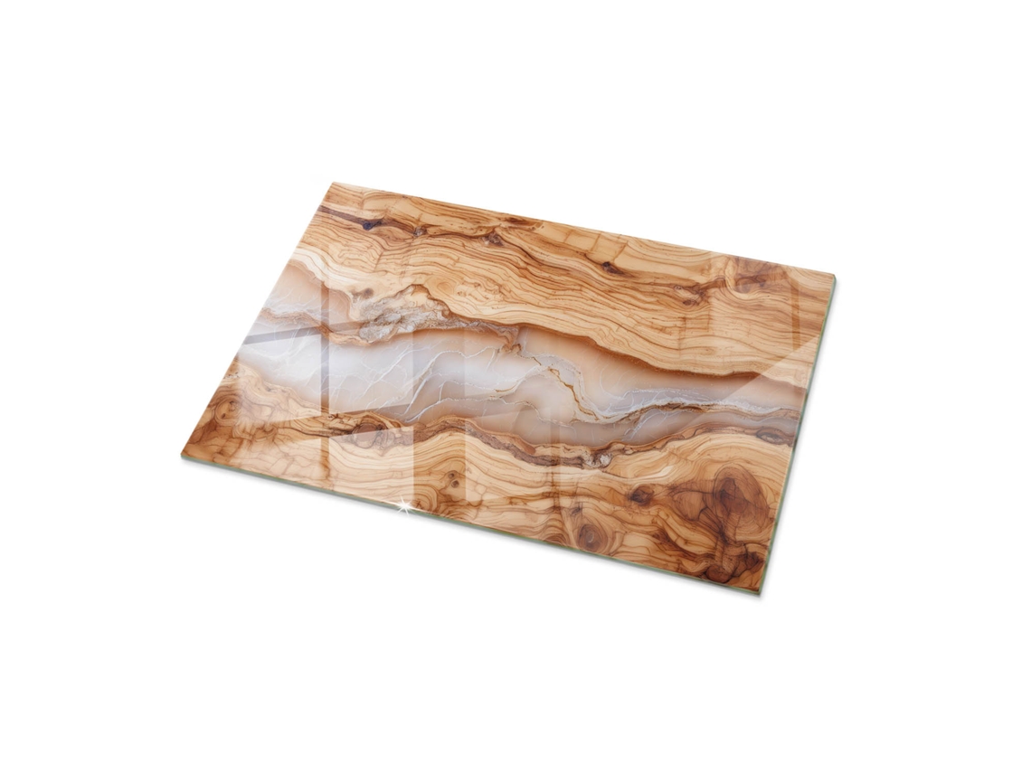 Tampo De Vidro Retangular Espelharte (100x70 Cm - Madeira Natural Com Resina - Bege)