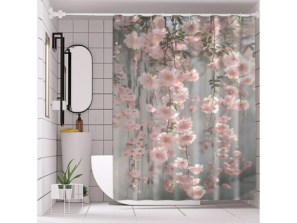 Cortina De Chuveiro Rosa Com Estampa De Flor De Cerejeira – Poliéster, Sem Necessidade De Furar, Lavável À Máquina, Ganchos Inclusos, 180 X 180 Cm