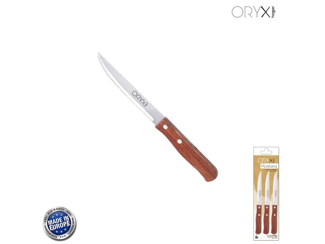 Faca de Cozinha Multiuso Montana Lâmina Serrada Aço Inox 11 cm Cabo de Madeira (Blister 3 Peças) ORYX