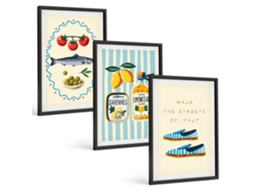 Pinturas Murais Modernas Imagens De Estilo De Vida Com Sabores Italianos Moldura Preta Quadros Para O Escritório Espelharte (3 Piezas De 40x60 Cm)