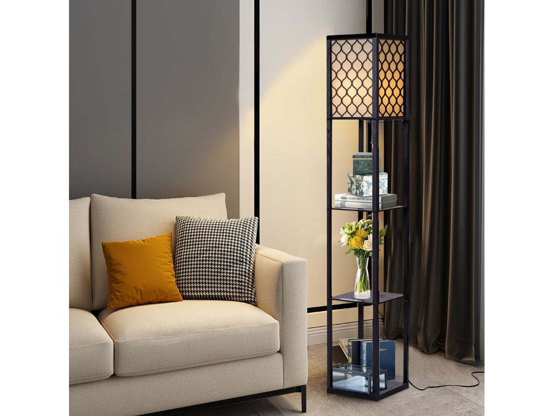 Luminária Chão Moderna Com 3 Prateleiras, Madeira Preta E Cúpula Creme, 160 Cm