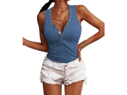 Top Feminino Regata Sem Mangas V neck Slim Tecido Ribbed Algodão Casual Botões XL Azul