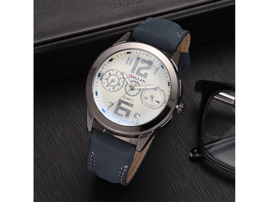 Reloj Hombre Casual Correa Pu Dial Redondo Cuarzo Con Números Grandes Azul