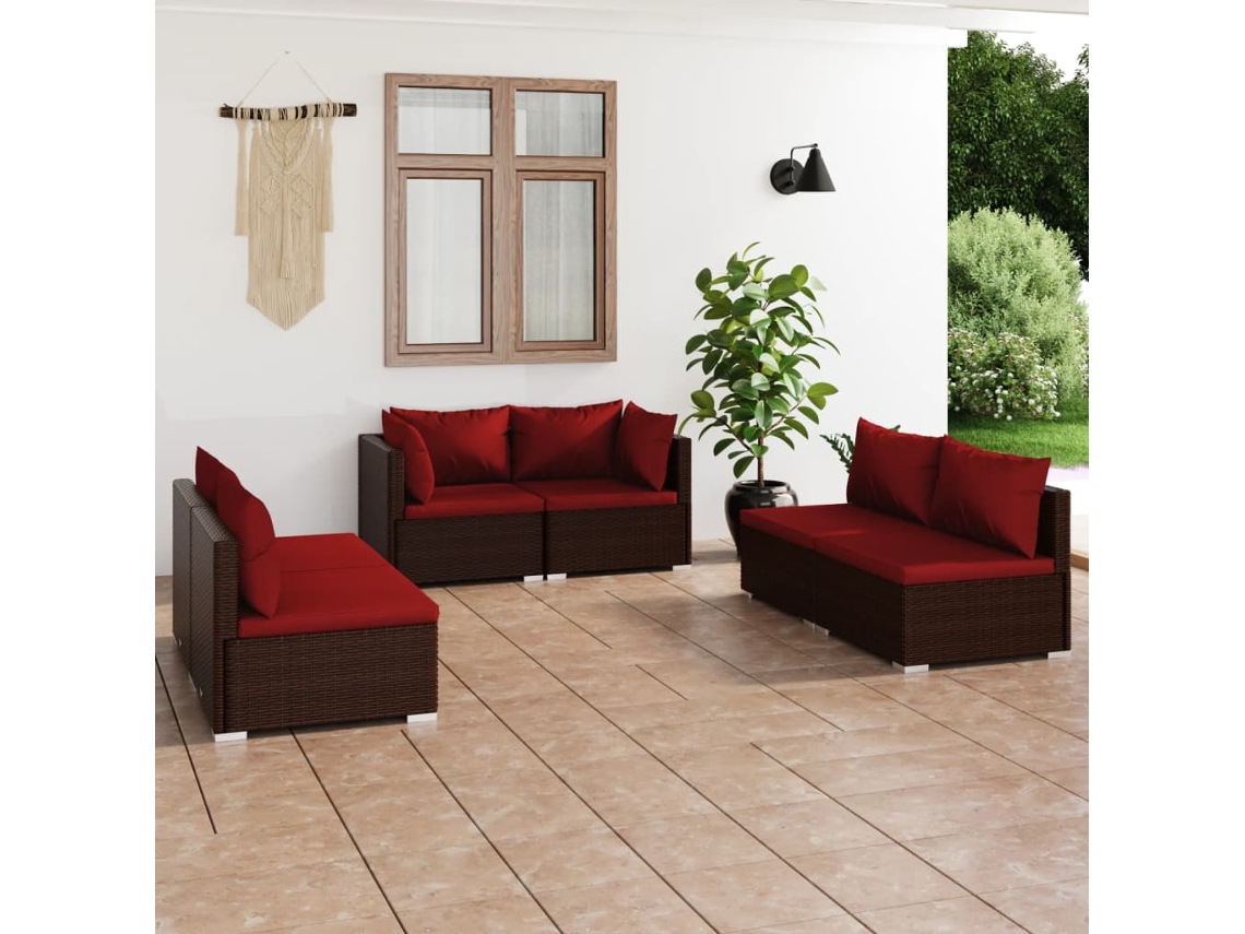 Vidaxl 6 Pcs Conjunto Lounge Jardim C/ Almofadões Vime Pe Castanho