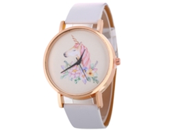Relógio Feminino de Moda Pulseira de Couro Pu Casual Quartz com Design de Cavalo e Flores Branco
