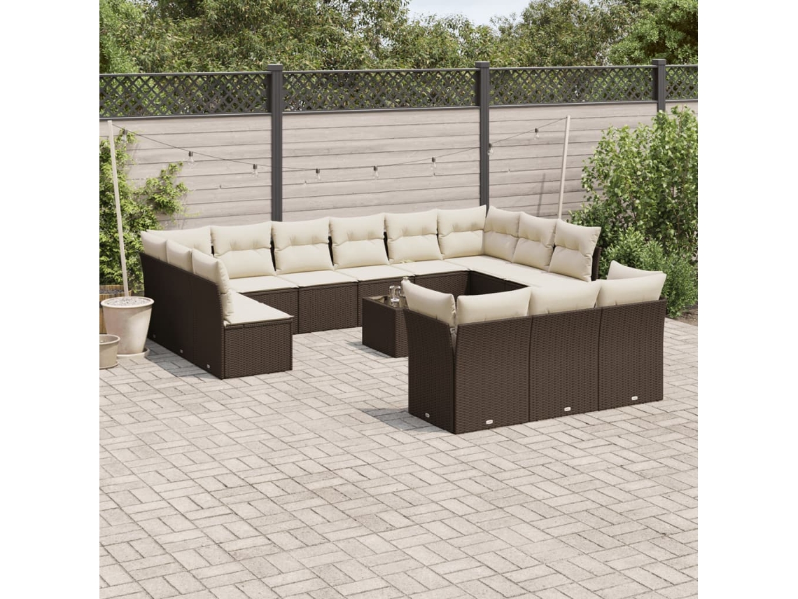 Vidaxl 14 Pcs Conjunto Sofás P/ Jardim C/ Almofadões Vime Pe Castanho