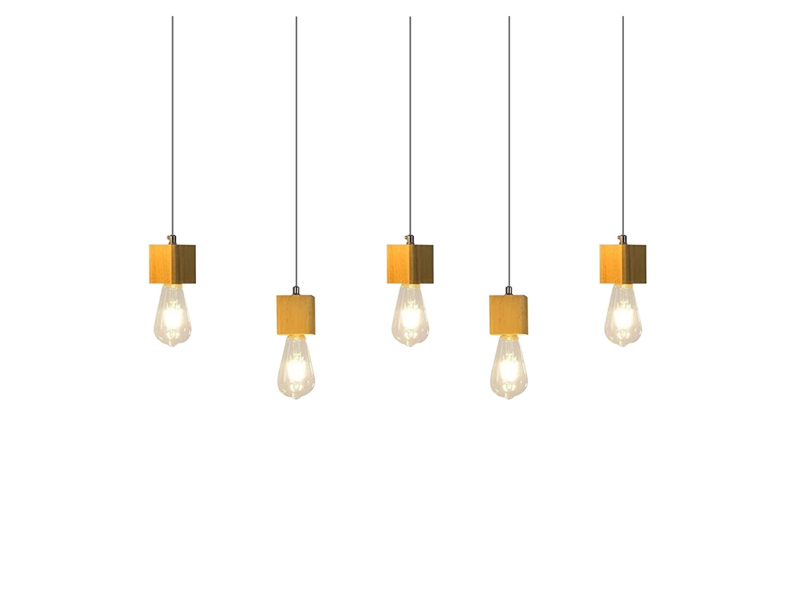 Luminária Pendente 5 Chamas E27 Madeira Vintage Diam.60Cm para Sala de Jantar Cozinha Sala de Estar Sem Lâmpada NETTLIFE