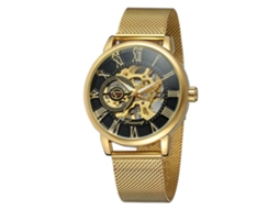 Relógio mecânico masculino Forsining, resistente à água, com pulseira de malha de aço vazada (preto + dourado + dourado)