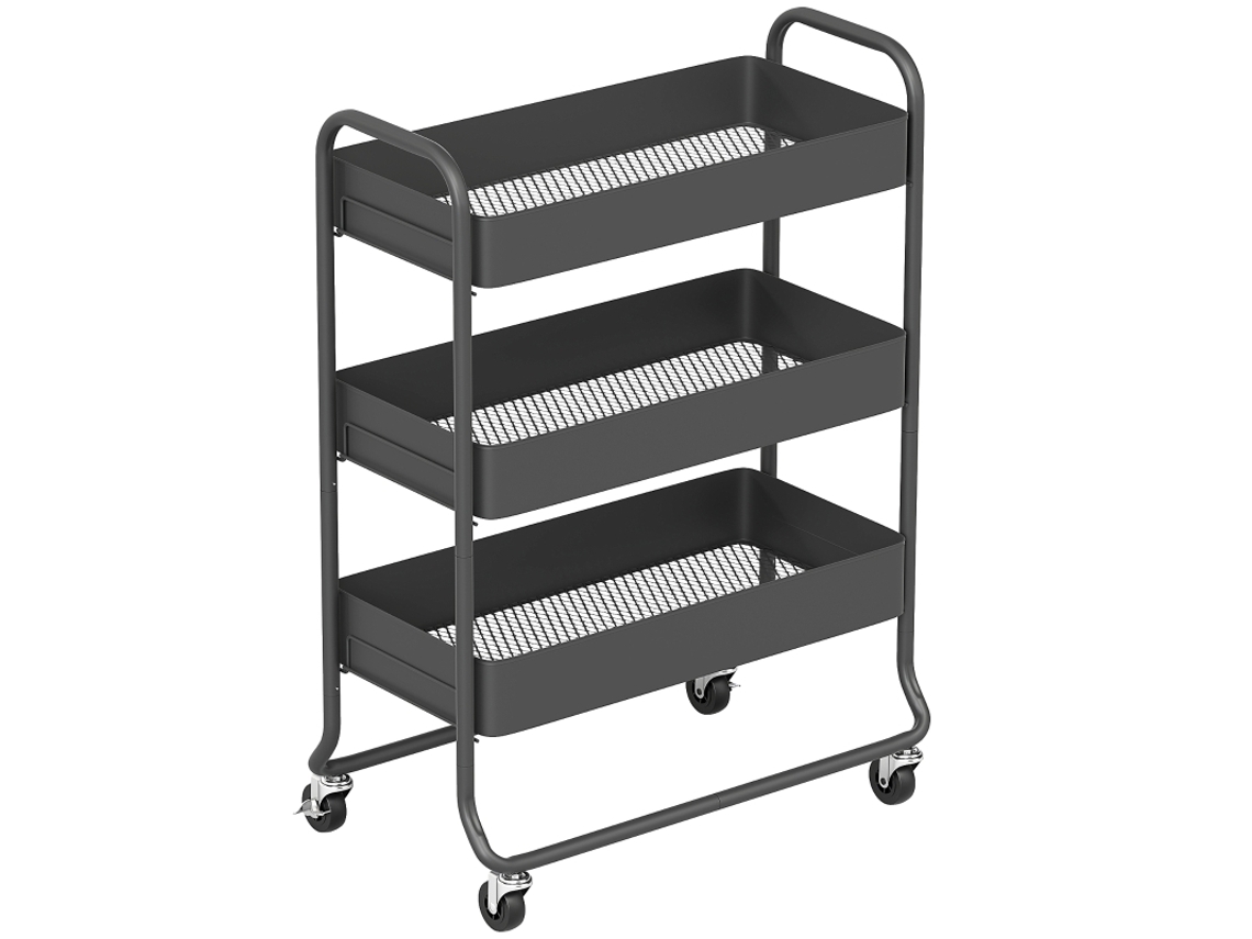 Carrito De Cocina, 3 Cestas, 4 Ruedas, Metal, Negro Zkaka