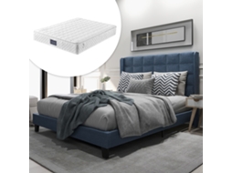 Cama Estofada Com Cabeceira Estofada Cama De Casal Com Base De Ripas, 140x200cm, Em Linho Azul, Firme Média (com Colchão De Molas)-op