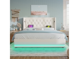 Cama Casal 160x200cm, Couro Sintético, Hidráulica, Usb c, Luz Led 3 Lados, Cabeceira Acolchoada, Cama Baú, Resistente 300kg, Sem Colchão, Branco KOMHTOM