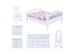 Conjunto 6 Móveis Miniatura Madeira Branco Para Quarto De Casinha De Boneca