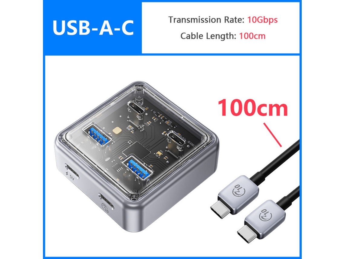 Yizhood Docking Station 4 Portas USB 3.0 Hub Splitter 10Gbps USB para Tipo C Compressor de Linha 100cm Preto