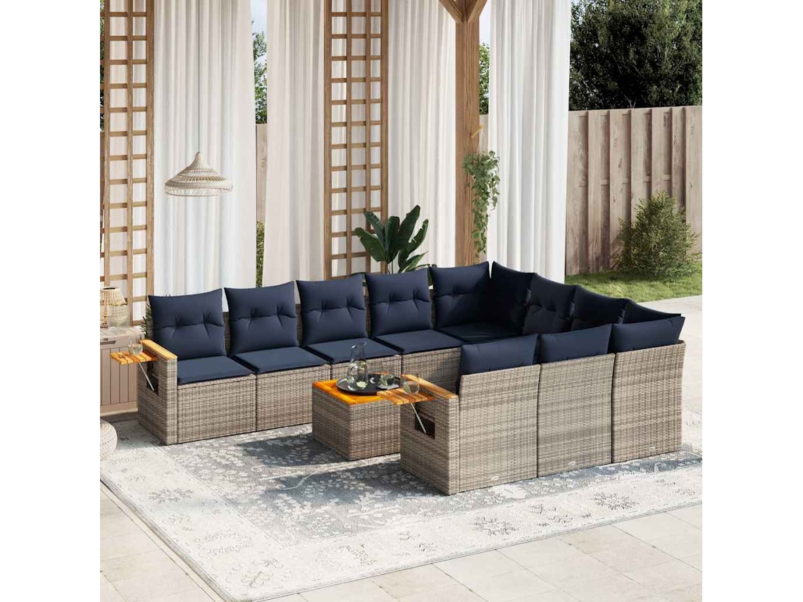 Vidaxl 11 Pcs Conjunto Sofás De Jardim C/ Almofadões Vime Pe Cinzento