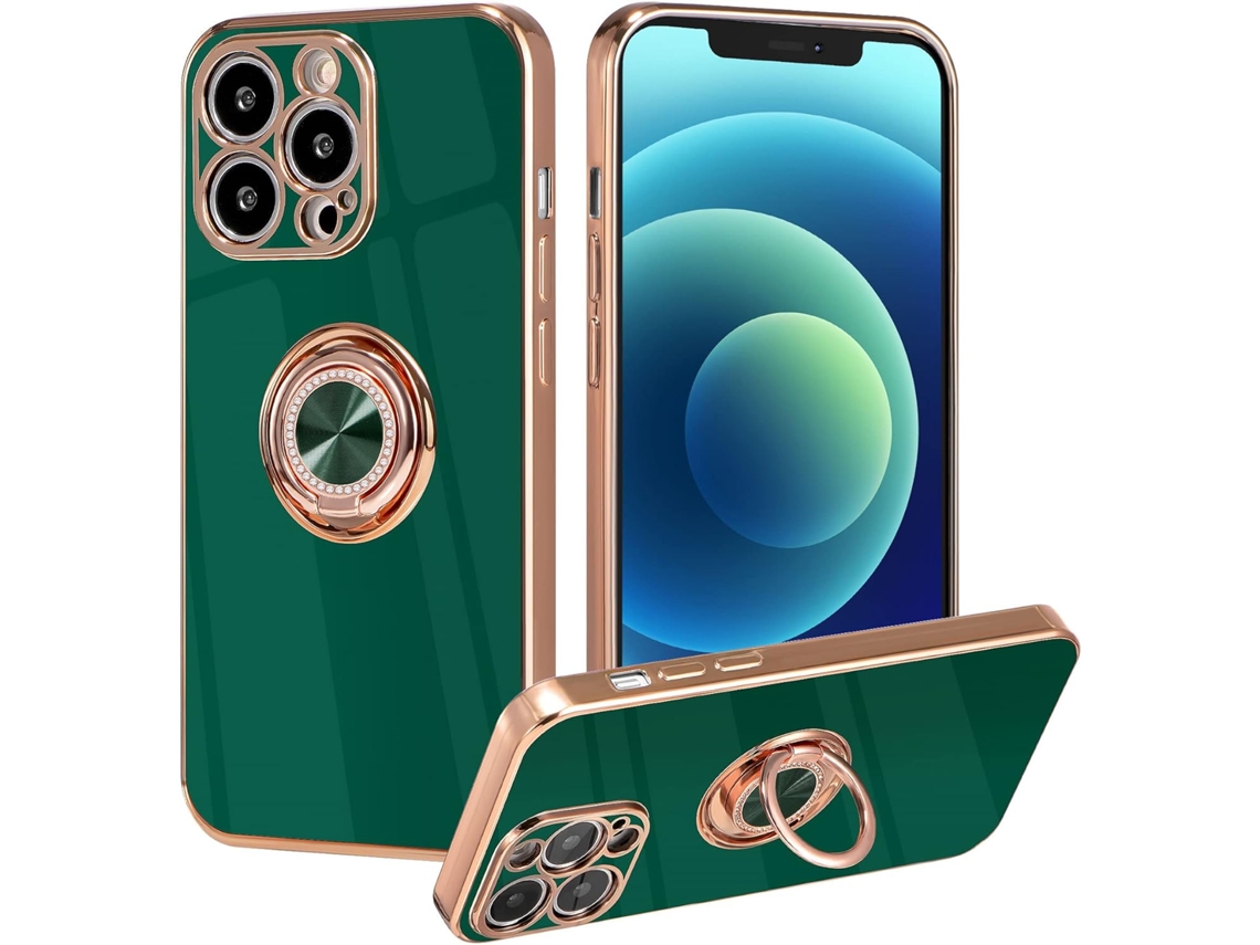 Capa Anel Giratório Borda Dourada para iPhone 13 Pro HONGWE. Pele Sintética Dourado