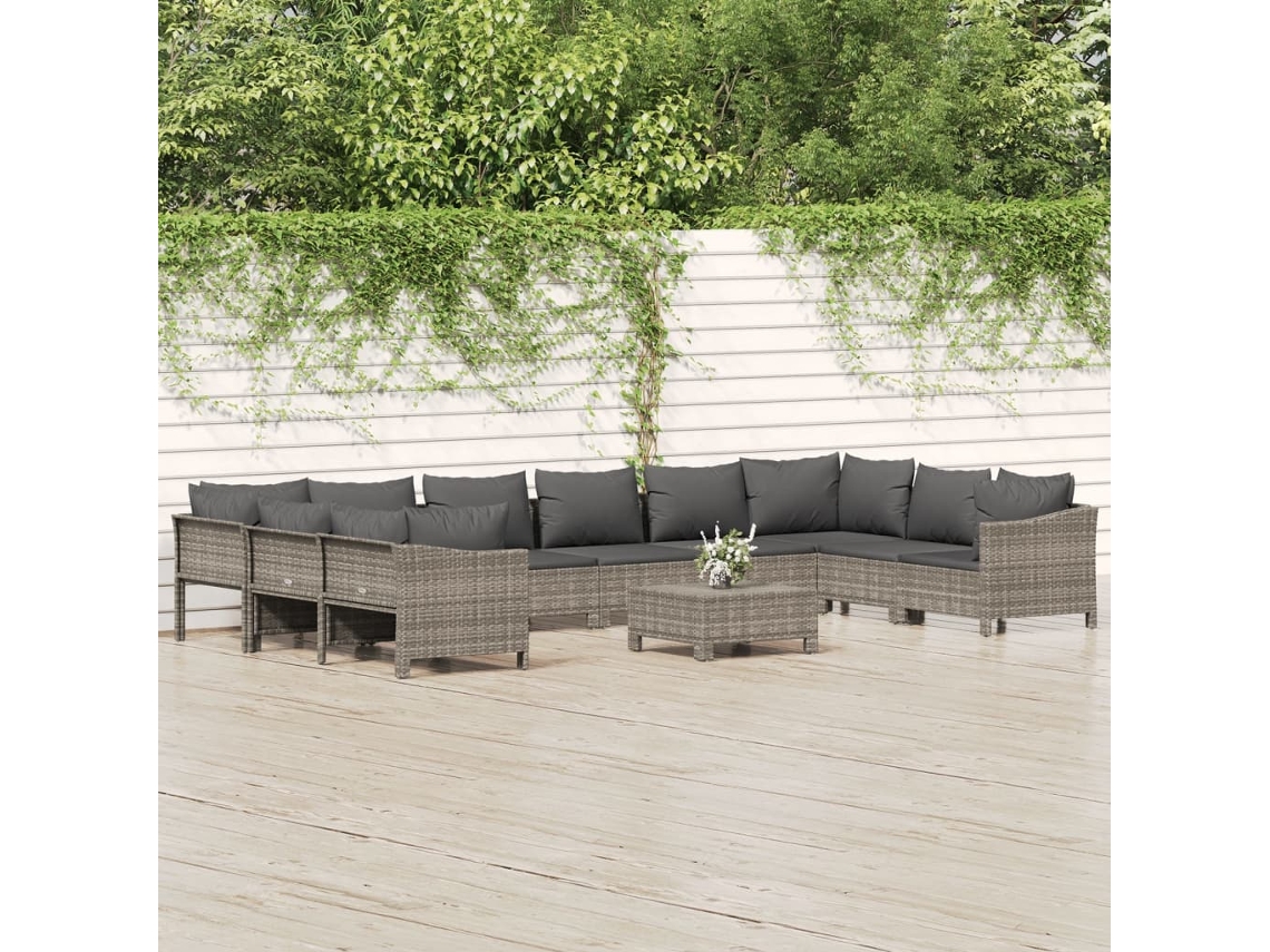 Vidaxl 11 Pcs Conjunto Lounge De Jardim C/ Almofadões Vime Pe Cinzento