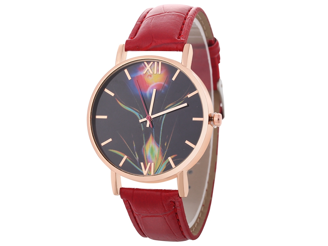 Relógio de Quartzo com Pulseira de Couro Estilo Simples Moda Decoração para Amante (vermelho)